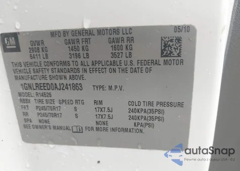 2010 Chevrolet Traverse Ls из США, поврежденный, VIN 1GNLREED0AJ241863